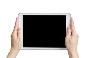 Close up hand woman holding tablet on isolated white with clipping path. photo