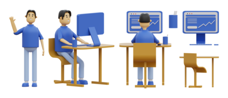 man working with computer 3d illustration set png