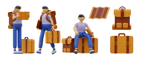 male character traveling illustration 3d set png