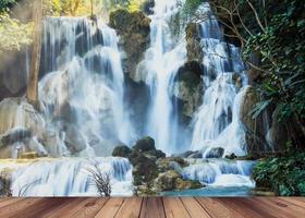 Wood floor Kwang sri waterfall in Luang prabang, Laos. photo