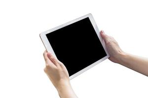 Close up hand woman holding tablet and touchscreen on isolated white with clipping path. photo