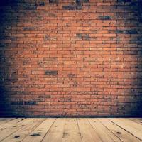 old room interior and brick wall with wood floor, vintage background photo