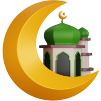 3D Rendering the mosque behind the golden moon isolated png