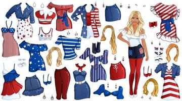 4th of July Paper Doll with Beautiful Woman, Outfits, Hairstyles and Accessories. Vector Illustration