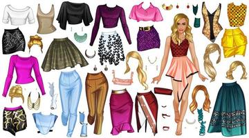 High Fashion 01 Paper Doll with Beautiful Woman, Outfits, Hairstyles and Accessories. Vector Illustration