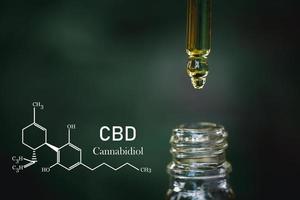 CBD Chemical Formula, droplet dosing a biological and ecological hemp plant herbal pharmaceutical cbd oil from a jar on a green marijuana leaf background.  medical cannabis concept. photo