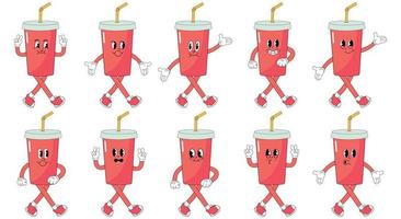 A Set of soda drinks cartoon groovy stickers with funny comic characters, gloved hands. Modern illustration with legs and arms. vector