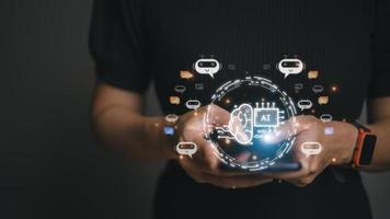 Businesswoman using chatbot in computer smart intelligence Ai. Chat GPT Chat with AI Artificial Intelligence, developed by OpenAI generate. Futuristic technology, robot in online system. photo