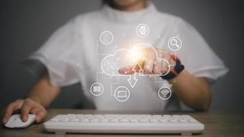 Businesswoman hand working with a Cloud Computing diagram on the new computer interface as concept photo