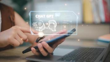 Chatbot Chat with AI, Artificial Intelligence. man using technology smart robot AI, artificial intelligence by enter command prompt for generates something, Futuristic technology transformation. photo
