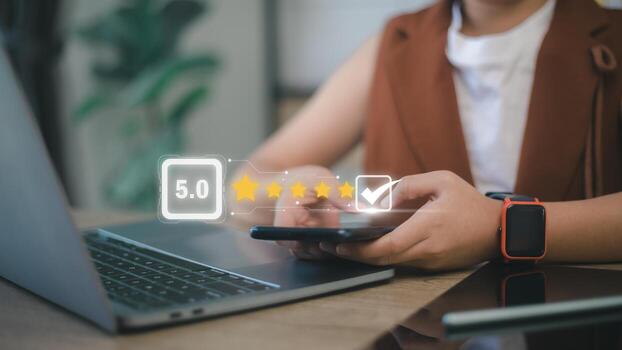 User give rating to service experience on online application, Customer review satisfaction feedback survey concept, Customer can evaluate quality of service leading to reputation ranking of business. photo