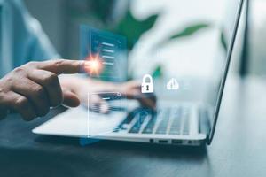 Concept of online document management technology. Businesspeople manage corporate databases through cloud, cyberspace technology and large, paperless archives of important, file and online storage. photo