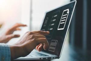 Concept of online document management technology. Businesspeople manage corporate databases through cloud, cyberspace technology and large, paperless archives of important, file and online storage. photo