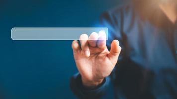 Search Engine Optimization SEO, data searching technology. business hands typing on laptop computer keyboard to search the information via internet web browser. Browsing social networking interface. photo