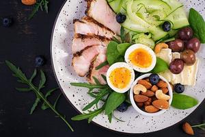 Ketogenic diet. Keto brunch. Boiled egg, pork steak and olives, cucumber, spinach, brie cheese, nuts and blueberry. Top view photo