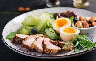 Ketogenic diet. Keto brunch. Boiled egg, pork steak and olives, cucumber, spinach, brie cheese, nuts and blueberry. photo