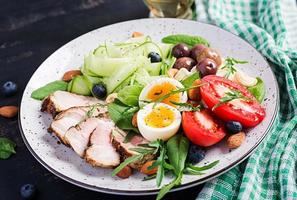 Ketogenic diet. Keto brunch. Boiled egg, pork steak and olives, cucumber, spinach, brie cheese, nuts and tomato. photo