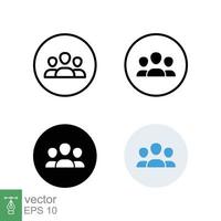 3 people icon in different style. Outline, glyph, solid, and flat style design. Multi user, circle, group, person, service concept. Crowd sign symbol. Vector illustration isolated. EPS 10.