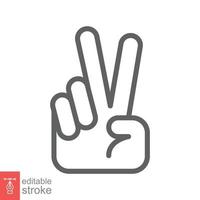 Hand gesture V sign for victory or peace line icon. Simple outline style for apps and websites. Vector illustration on white background. Editable stroke EPS 10.
