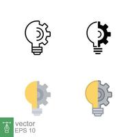 Light bulb icon in different style. Line, solid, flat, filled outline. Idea with gear wheel machine, lightbulb symbol, creative concept. Vector illustration isolated on white background. EPS 10.