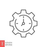 Gear with time line icon. Simple outline style. Cogwheel clock dial, development process logo, 24 hours concept symbol design. Vector illustration isolated on white background. Editable stroke EPS 10.