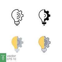 Light bulb icon in different style. Line, solid, flat, filled outline. Idea with gear wheel machine, lightbulb symbol, creative concept. Vector illustration isolated on white background. EPS 10.