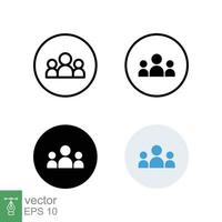 3 people icon in different style. Outline, glyph, solid, and flat style design. Multi user, circle, group, person, service concept. Crowd sign symbol. Vector illustration isolated. EPS 10.