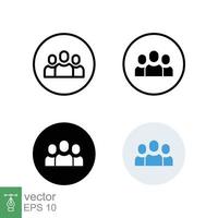 3 people icon in different style. Outline, glyph, solid, and flat style design. Multi user, circle, group, person, service concept. Crowd sign symbol. Vector illustration isolated. EPS 10.