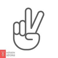 Hand gesture V sign for victory or peace line icon. Simple outline style for apps and websites. Vector illustration on white background. Editable stroke EPS 10.
