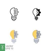 Light bulb icon in different style. Line, solid, flat, filled outline. Idea with gear wheel machine, lightbulb symbol, creative concept. Vector illustration isolated on white background. EPS 10.