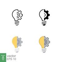 Light bulb icon in different style. Line, solid, flat, filled outline. Idea with gear wheel machine, lightbulb symbol, creative concept. Vector illustration isolated on white background. EPS 10.