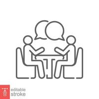 Two people at the table line icon. Simple outline style. Conversation, office talk, 2 man with bubble speech concept. Vector illustration isolated on white background. Editable stroke EPS 10.