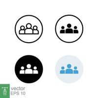 3 people icon in different style. Outline, glyph, solid, and flat style design. Multi user, circle, group, person, service concept. Crowd sign symbol. Vector illustration isolated. EPS 10.