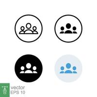 3 people icon in different style. Outline, glyph, solid, and flat style design. Multi user, circle, group, person, service concept. Crowd sign symbol. Vector illustration isolated. EPS 10.