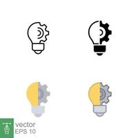 Light bulb icon in different style. Line, solid, flat, filled outline. Idea with gear wheel machine, lightbulb symbol, creative concept. Vector illustration isolated on white background. EPS 10.