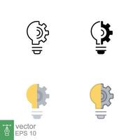 Light bulb icon in different style. Line, solid, flat, filled outline. Idea with gear wheel machine, lightbulb symbol, creative concept. Vector illustration isolated on white background. EPS 10.