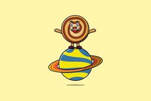 lindo personaje de dibujos animados de galletas de pie en el planeta vector