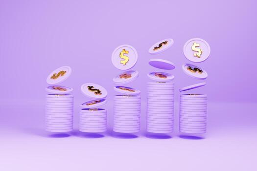 3D Dollar stack and economy column chart isolated background. 3D rendered photo