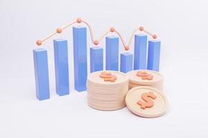 3D Dollar stack and economy column chart isolated background. 3D rendered photo