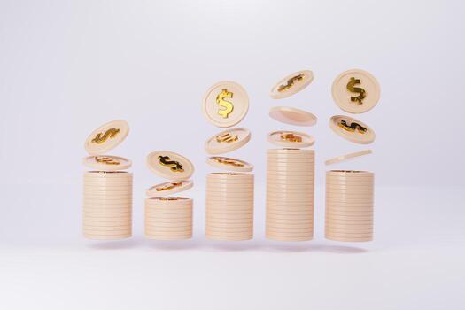 3D Dollar stack and economy column chart isolated background. 3D rendered photo