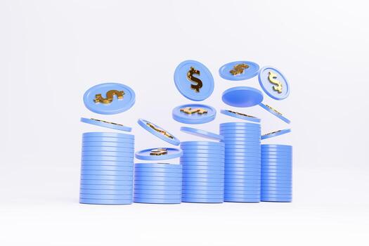 3D Dollar stack and economy column chart isolated background. 3D rendered photo