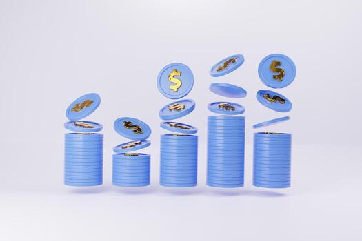 3D Dollar stack and economy column chart isolated background. 3D rendered photo