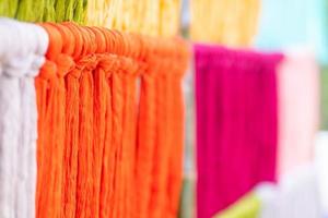 Many of the threads that are dyed brightly are the ones that have been prepared for the traditional loom because the fabric woven on the traditional loom is handmade and expensive. photo