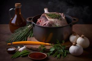 Ingredients for roasted pork knuckle in casserole with spices photo