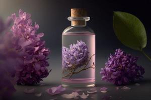 Unique and aromatic lilac fragrance in vial. Blooming lilac scent photography photo