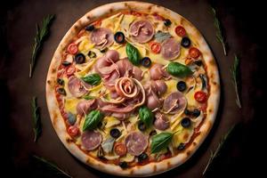 capricciosa Pizza hecho de jamón y hongos. tradicional italiano Pizza comida fotografía foto