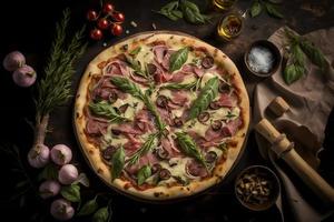 capricciosa Pizza hecho de jamón y hongos. tradicional italiano Pizza comida fotografía foto