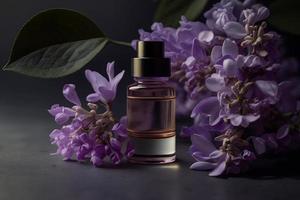 Unique and aromatic oil for body care. Lilac flower products photography photo