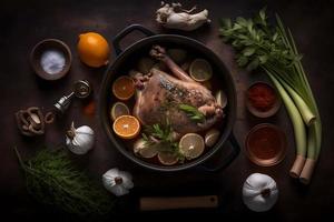 Ingredients for roasted pork knuckle in casserole with spices photo