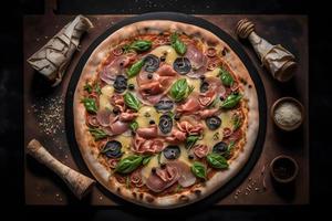 Capricciosa pizza made of ham and mushrooms. Traditional Italian pizza food photography photo